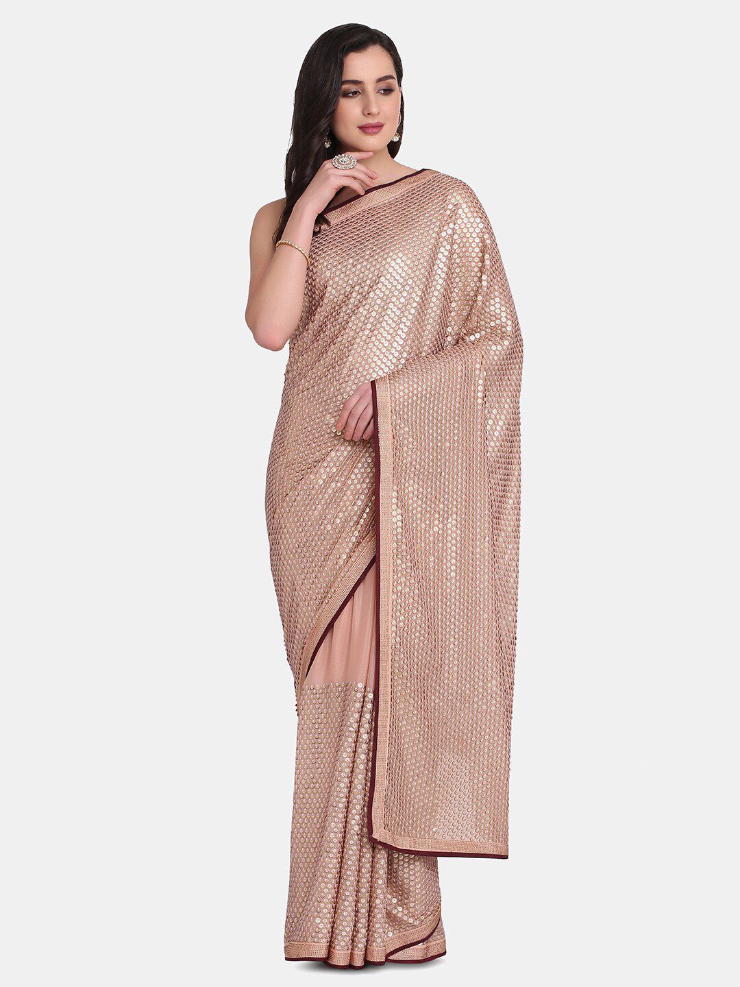 BOMBAY SELECTIONS Peach-Coloured & Maroon Embellished Sequinned Satin Saree Price in India