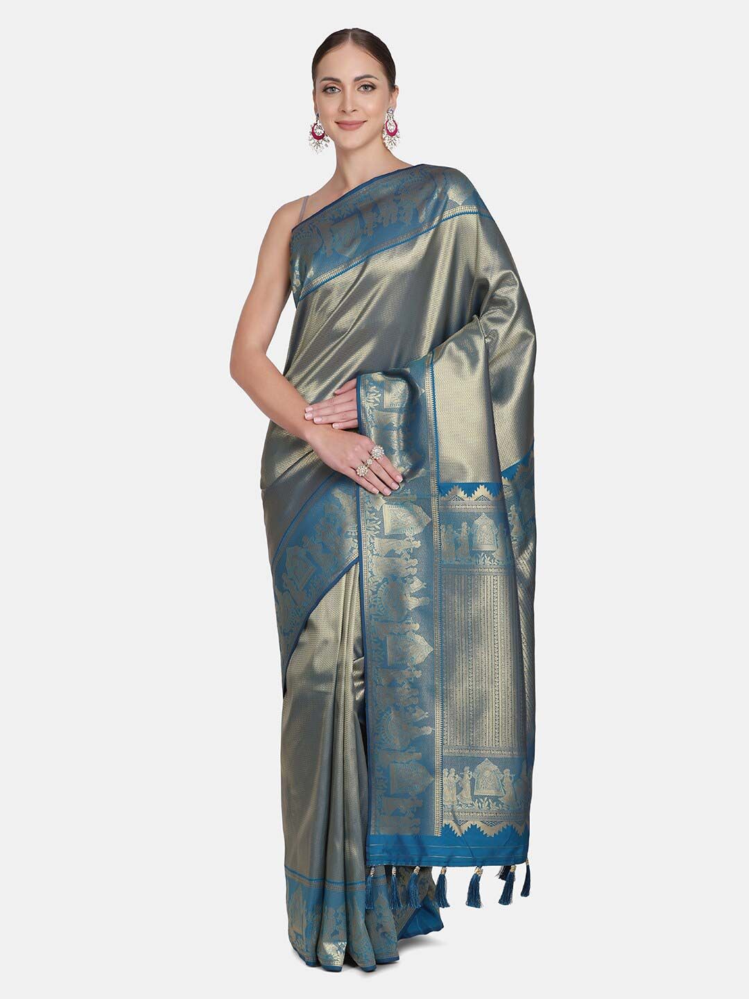 BOMBAY SELECTIONS Blue & Gold-Toned Woven Design Zari Pure Silk Kanjeevaram Saree Price in India