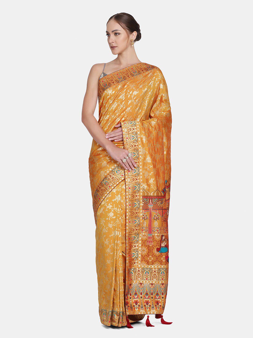 BOMBAY SELECTIONS Yellow & Gold-Toned Woven Design Zari Pure Silk Banarasi Saree Price in India