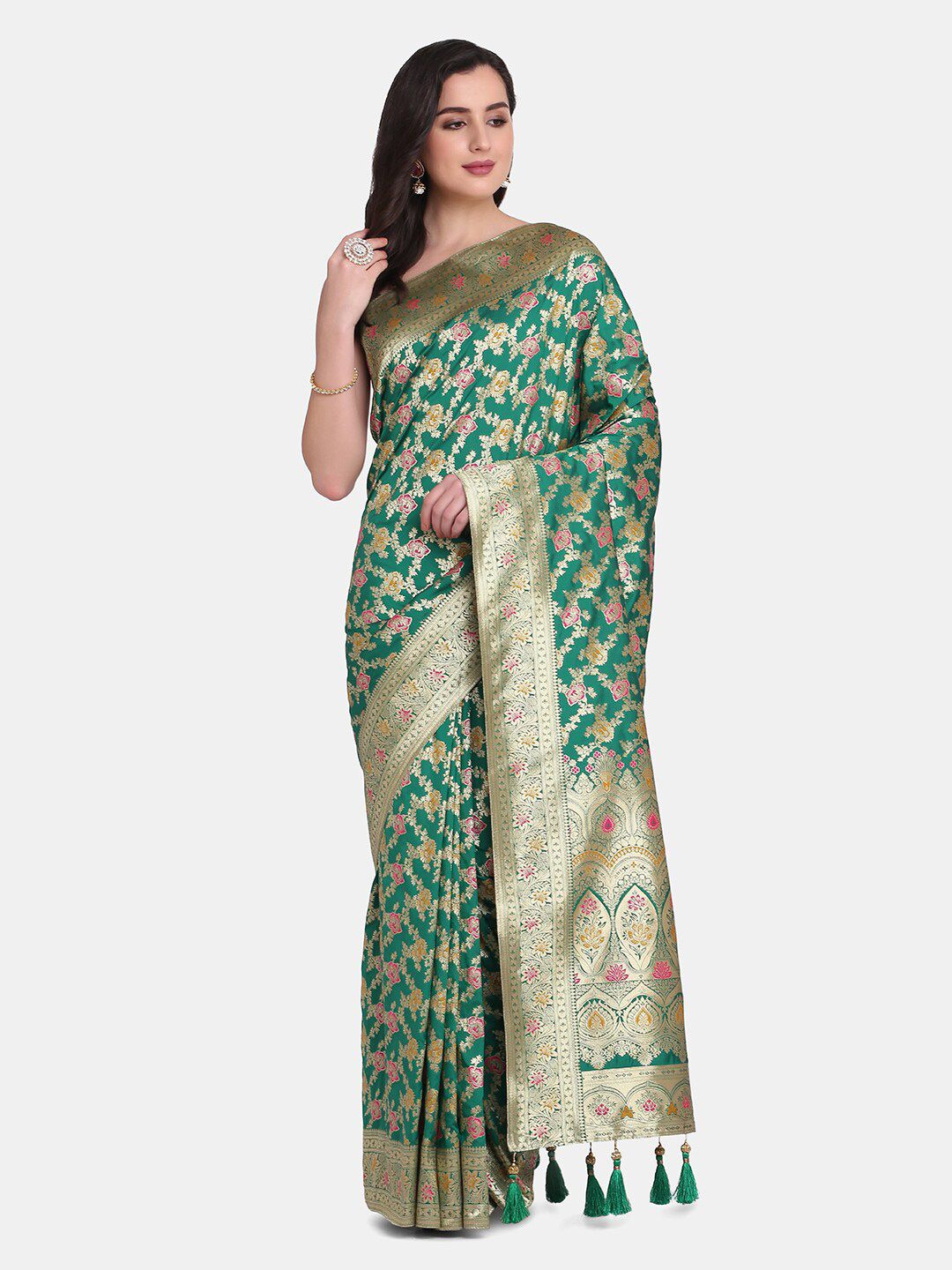 BOMBAY SELECTIONS Green & Pink Woven Design Pure Silk Banarasi Saree Price in India