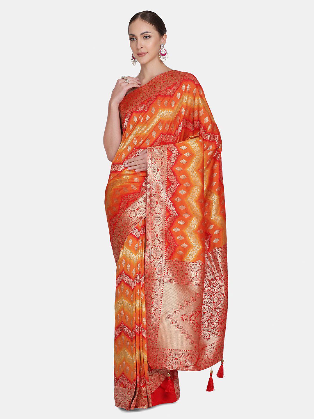 BOMBAY SELECTIONS Orange & Red Floral Zari Art Silk Banarasi Saree Price in India