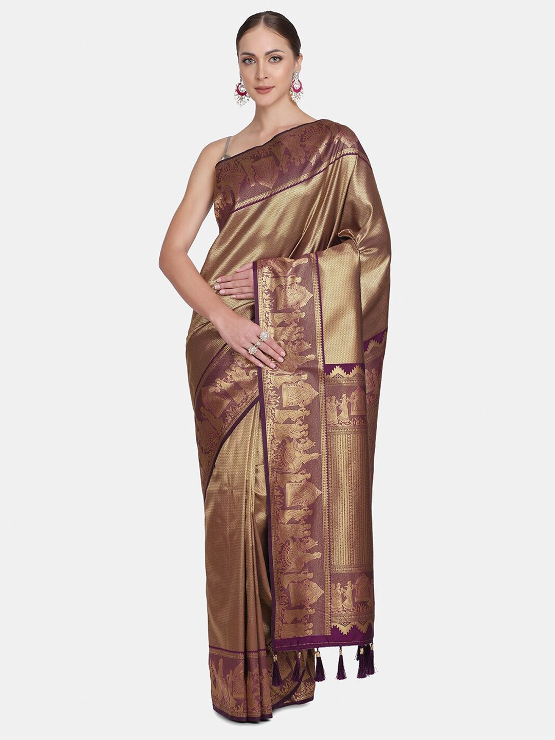 BOMBAY SELECTIONS Purple & Gold-Toned Woven Design Zari Pure Silk Kanjeevaram Saree Price in India