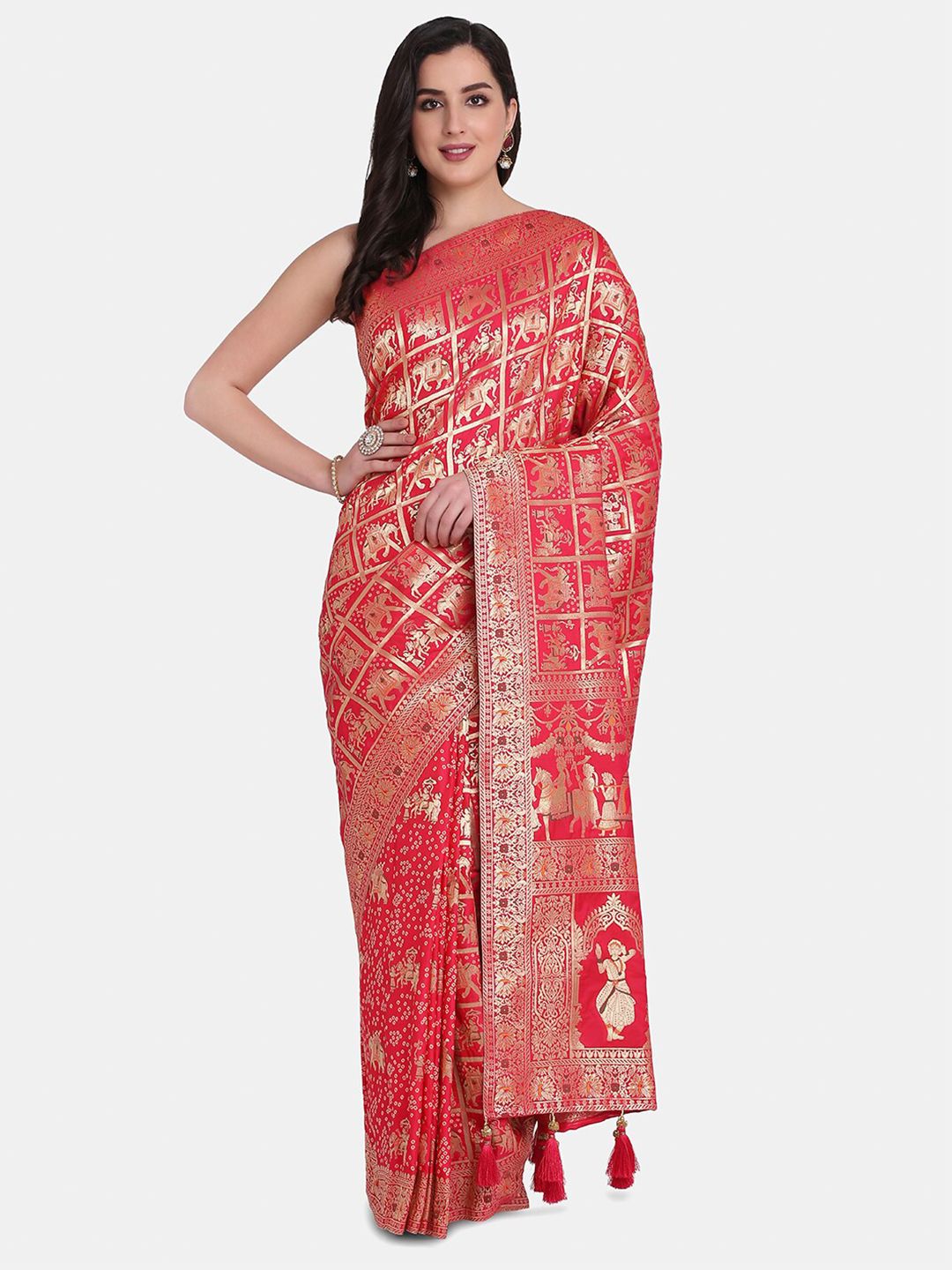 BOMBAY SELECTIONS Red & Gold-Toned Ethnic Motifs Zari Art Silk Banarasi Saree Price in India