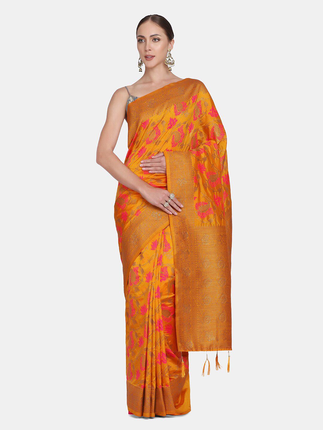 BOMBAY SELECTIONS Yellow & Gold-Toned Woven Design Pure Silk Banarasi Saree Price in India