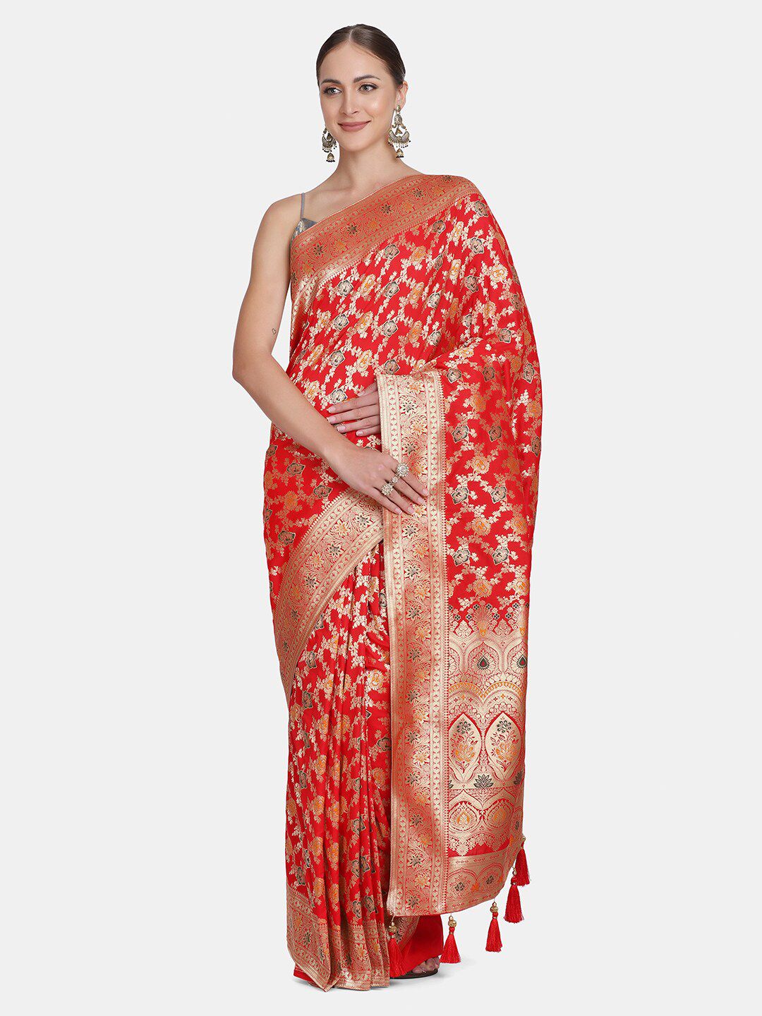 BOMBAY SELECTIONS Red & Gold-Toned Woven Design Zari Pure Silk Banarasi Saree Price in India