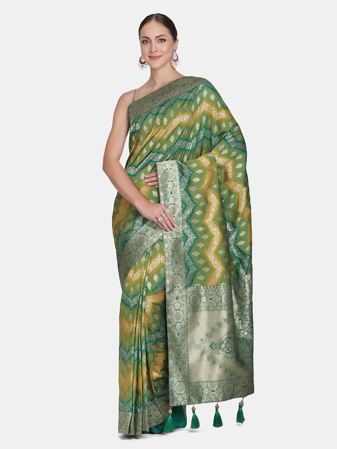 BOMBAY SELECTIONS Green & Yellow Woven Design Zari Art Silk Banarasi Saree Price in India