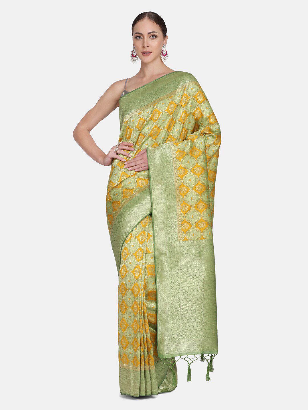 BOMBAY SELECTIONS Green & Orange Woven Design Zari Art Silk Banarasi Saree Price in India