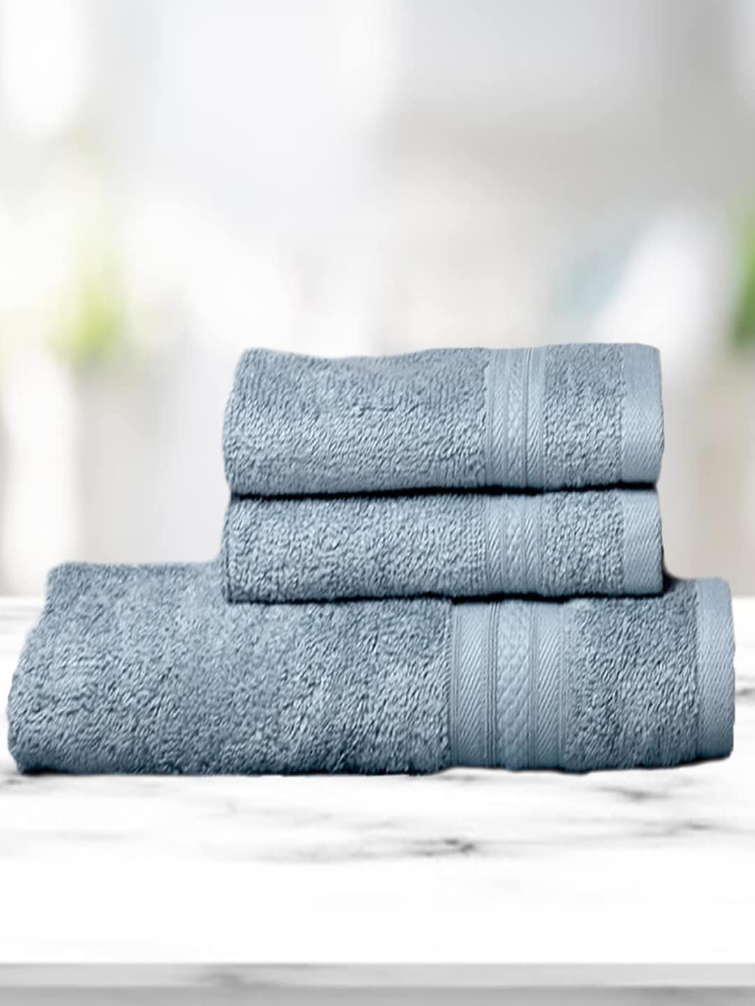 Kawach Set Of 3 Blue Antimicrobial 550 GSM Cotton Towel Set Price in India