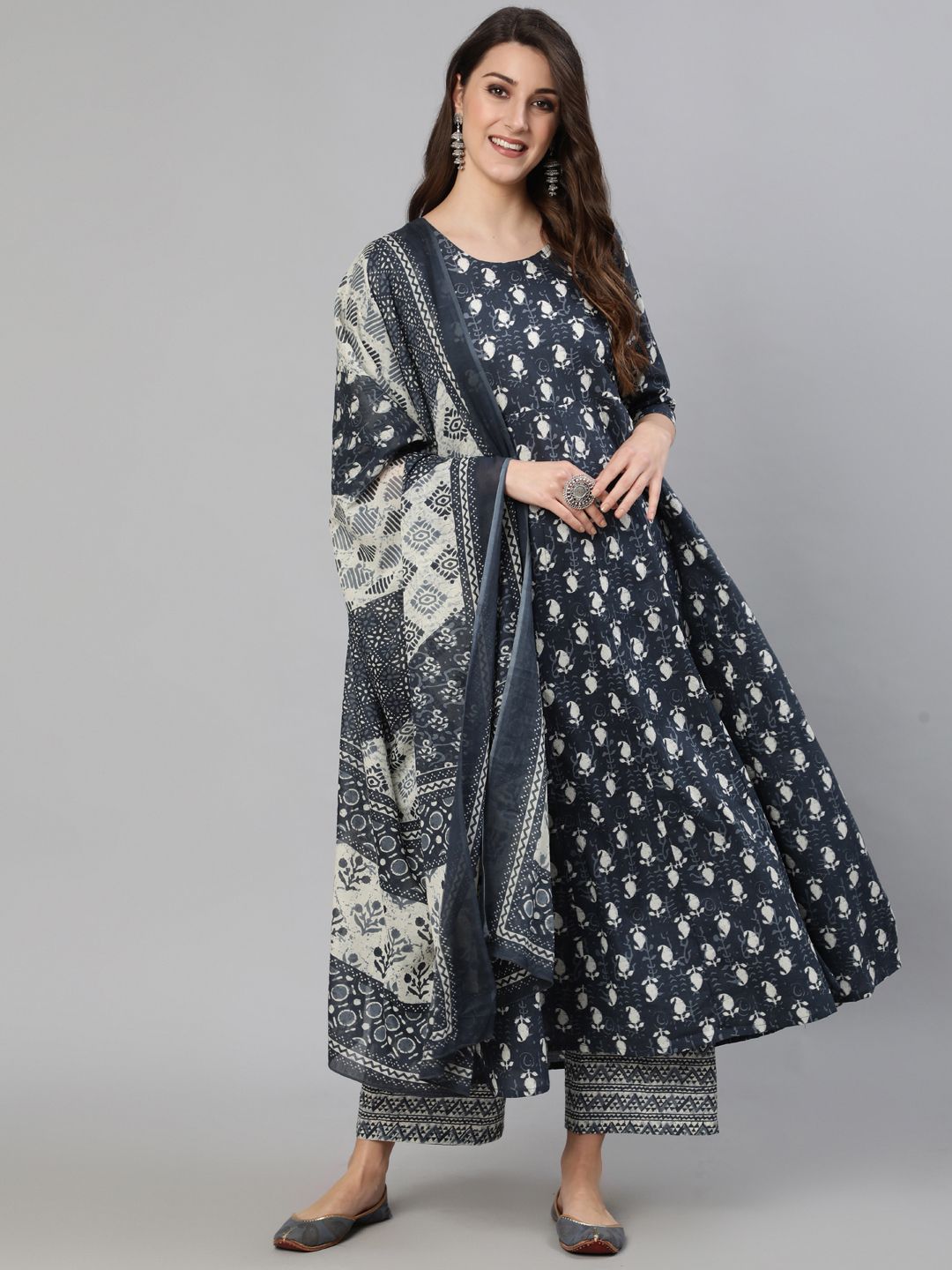 Nayo Women Grey Ethnic Motifs Printed Cotton Kurta with Palazzos & Dupatta Price in India