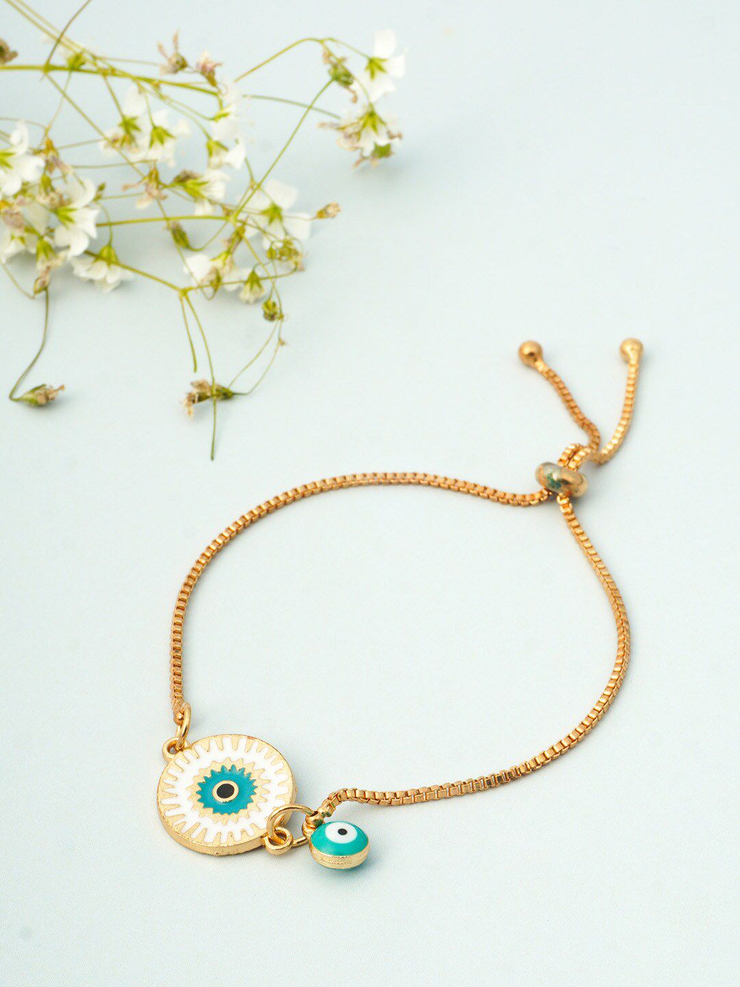 Ferosh Women Gold-Toned & Green Evil Eye Charm Bracelet Price in India