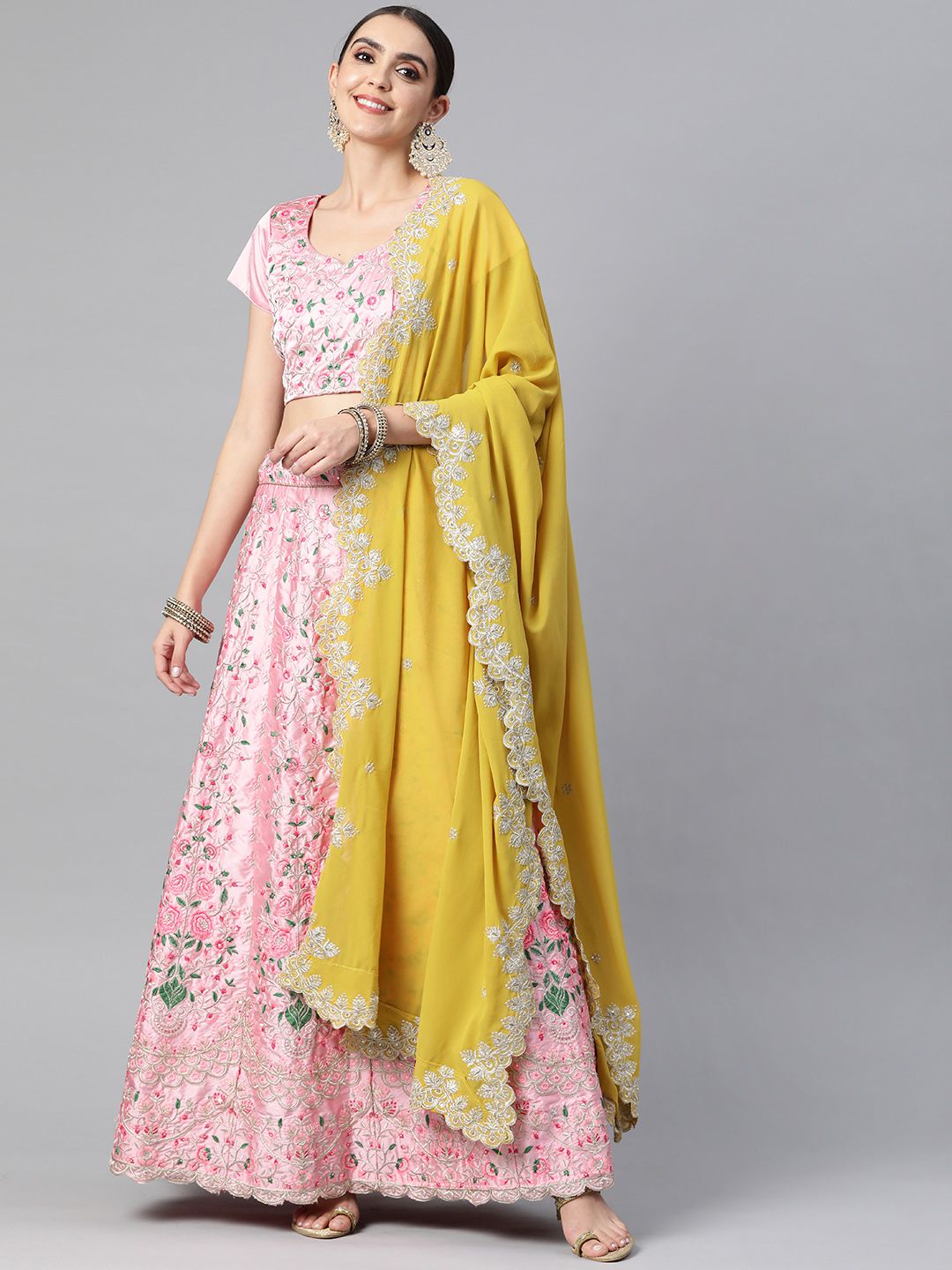 Readiprint Fashions Pink & Green Embroidered Unstitched Lehenga & Blouse With Dupatta Price in India
