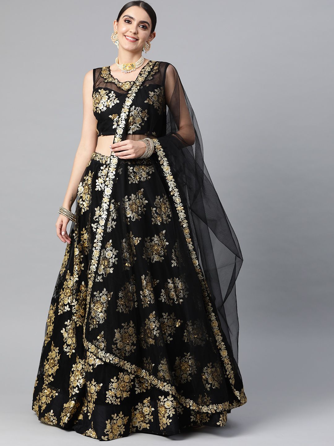 Readiprint Fashions Black & Golden Sequinned Unstitched Lehenga & Blouse With Dupatta Price in India