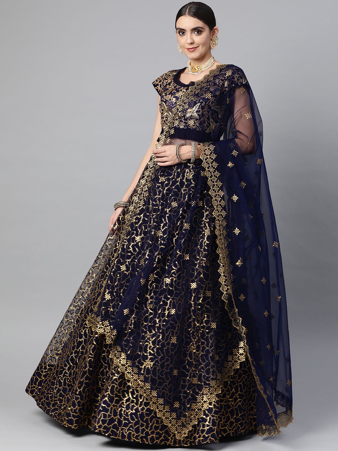 Readiprint Fashions Navy Blue & Golden Embroidered Unstitched Lehenga & Blouse & Dupatta Price in India