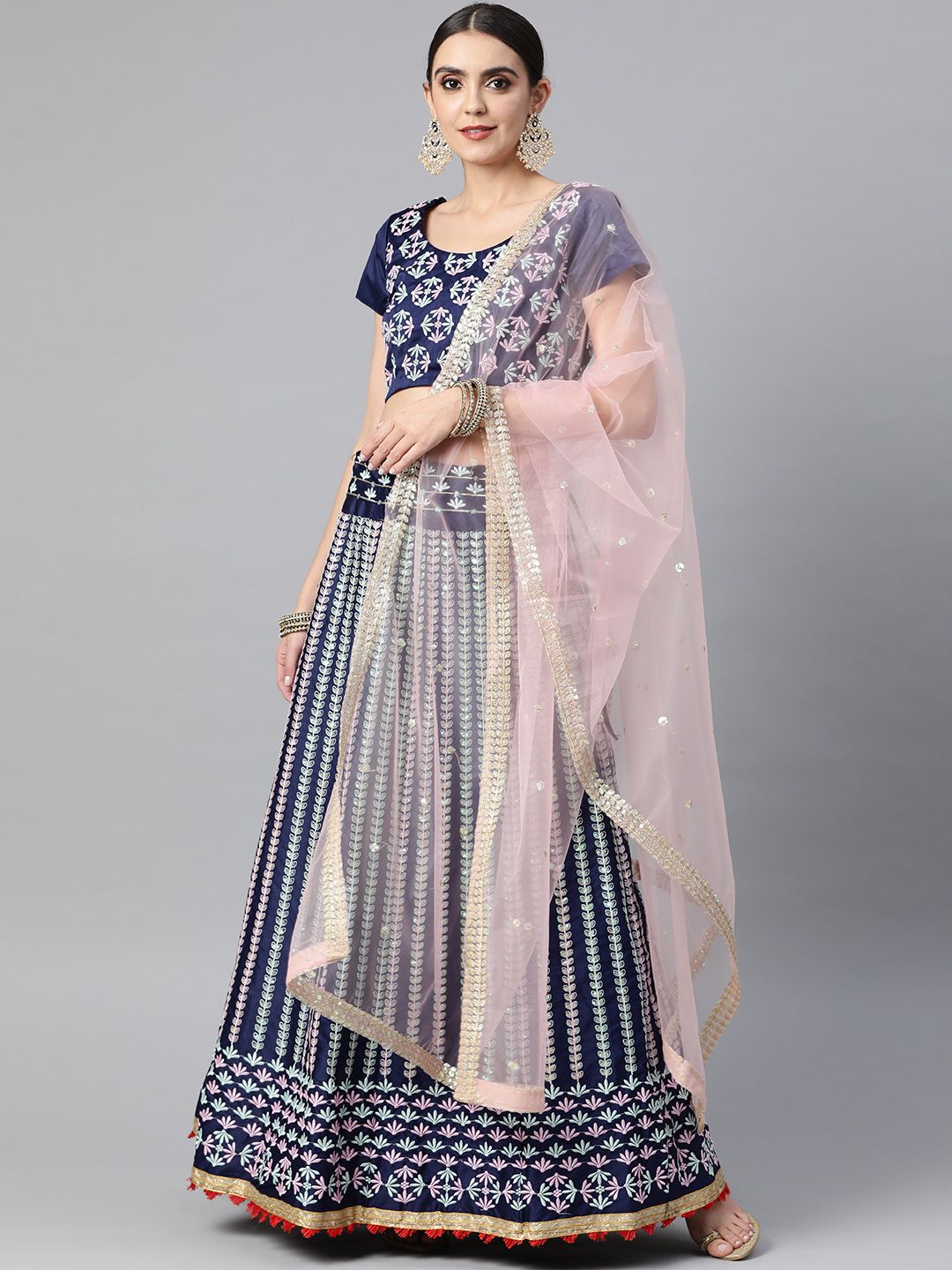 Readiprint Fashions Blue & Pink Embroidered Thread Work Unstitched Lehenga & Blouse With Dupatta Price in India