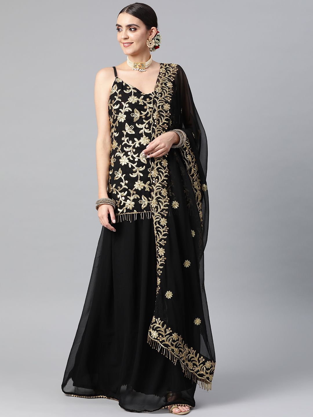 Readiprint Fashions Black & Golden Embroidered Unstitched Lehenga & Blouse With Dupatta Price in India