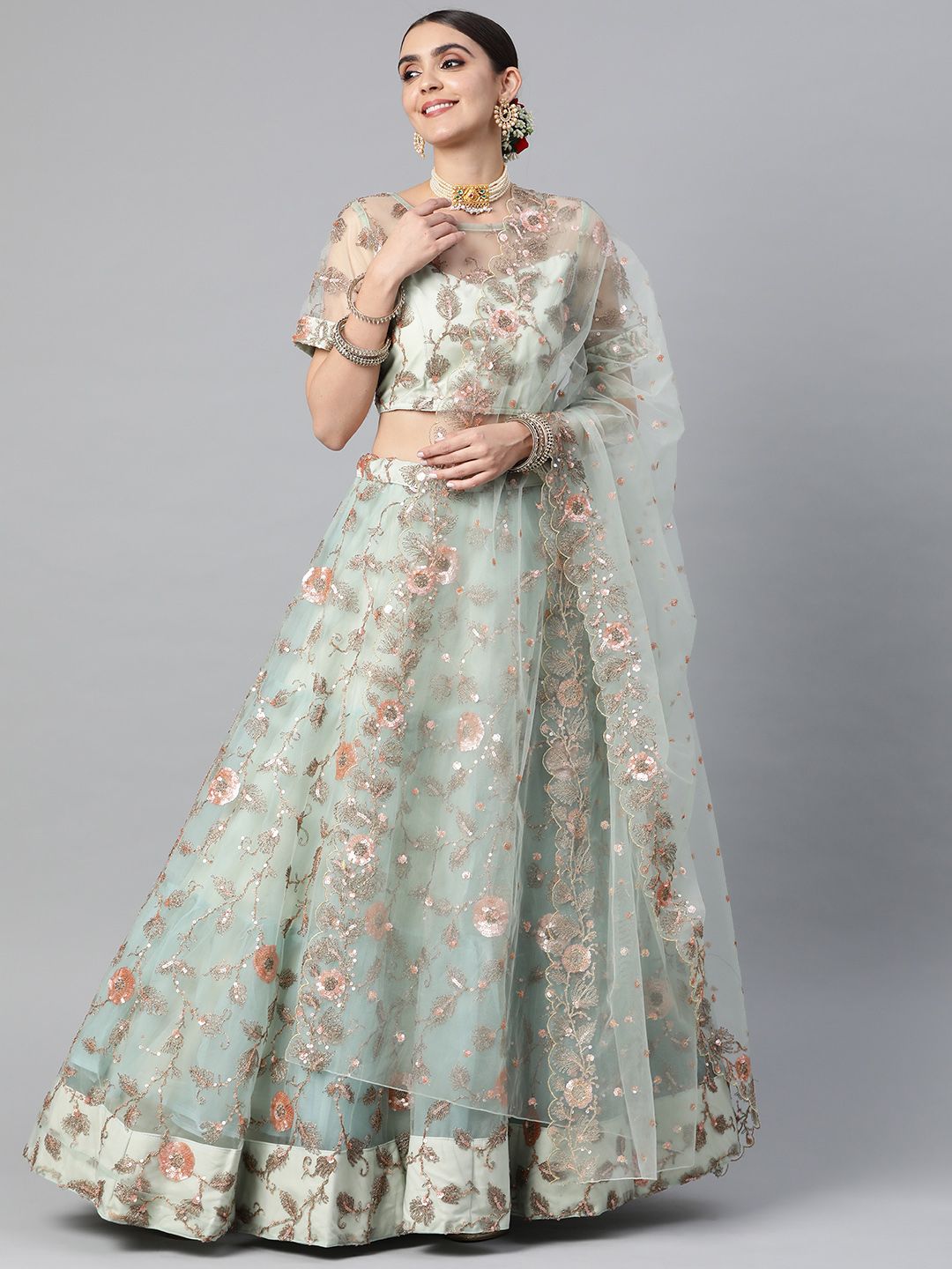 Readiprint Fashions Sea Green Embroidered Sequinned Unstitched Lehenga & Blouse With Dupatta Price in India