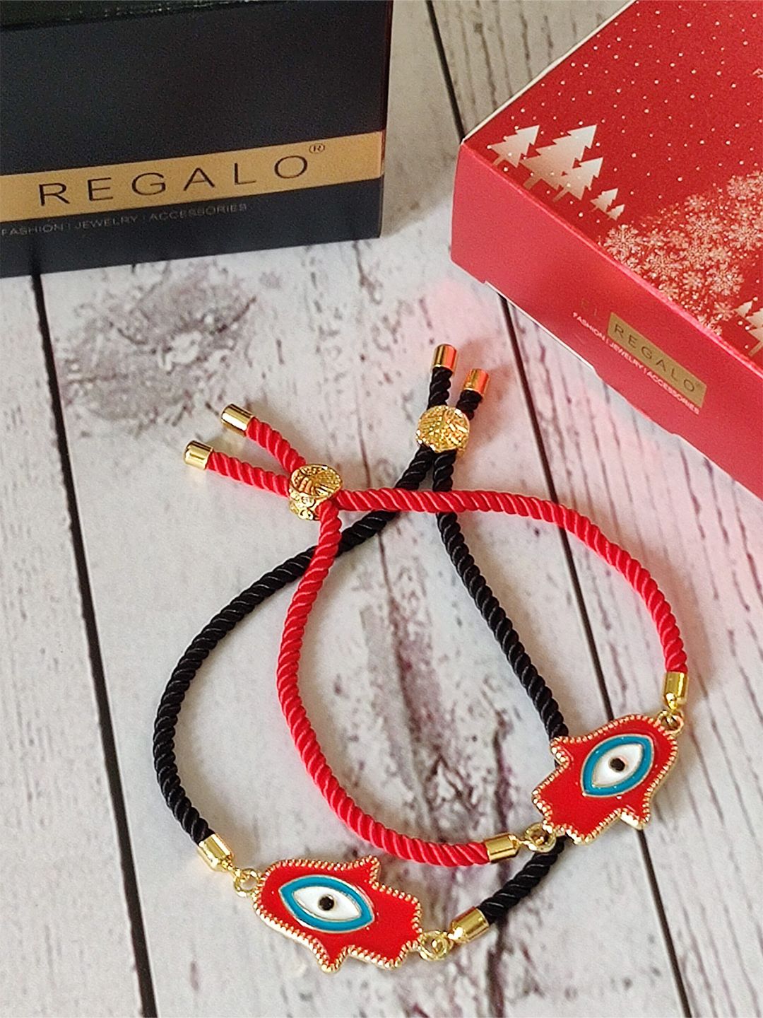 EL REGALO Unisex Pack of 2 Black & Red Enamelled Gold-Plated Charm Bracelet Price in India