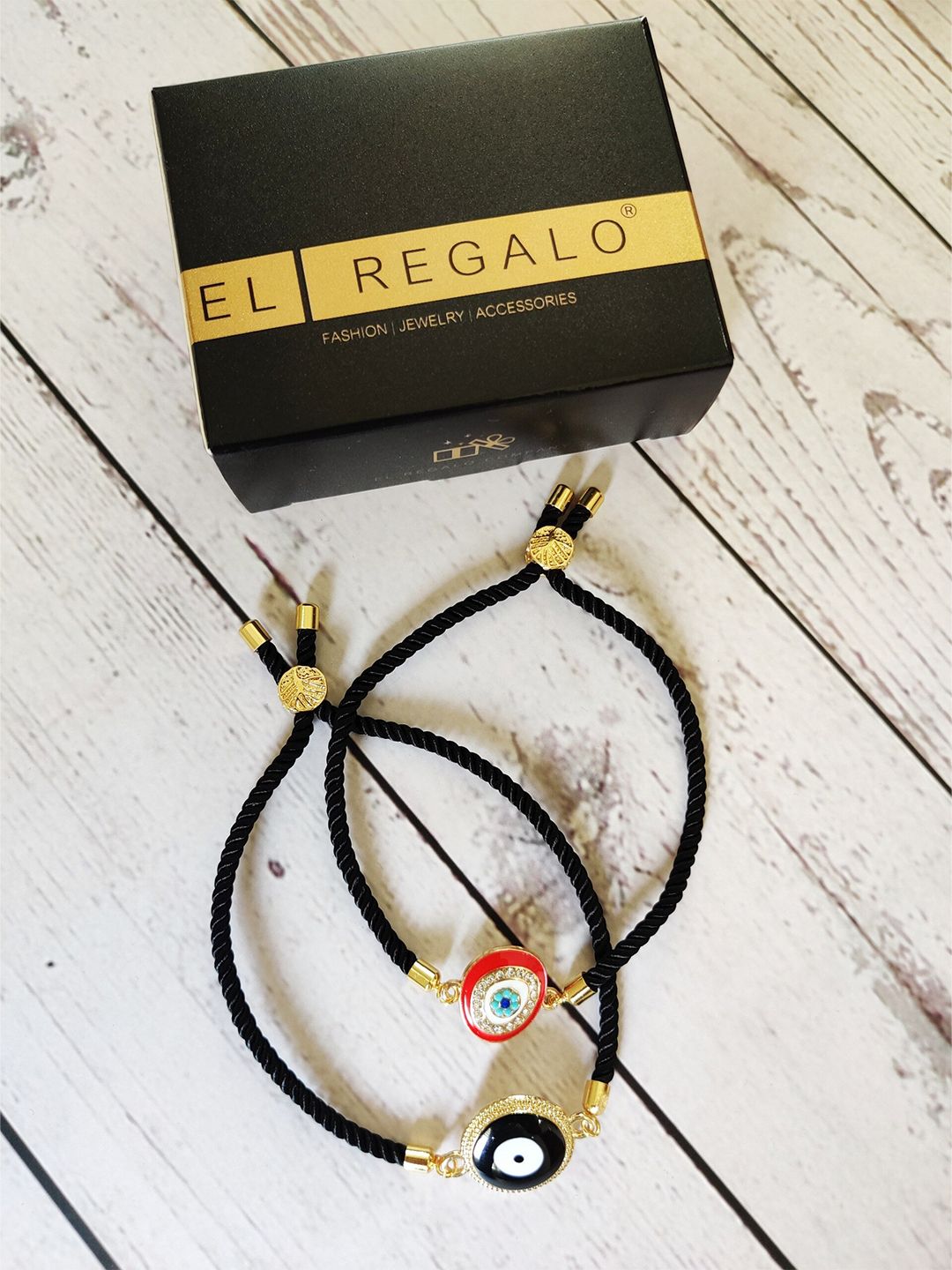 EL REGALO Unisex Set Of 2 Gold-Toned & Black Evil Eye Gold-Plated Charm Bracelet Price in India