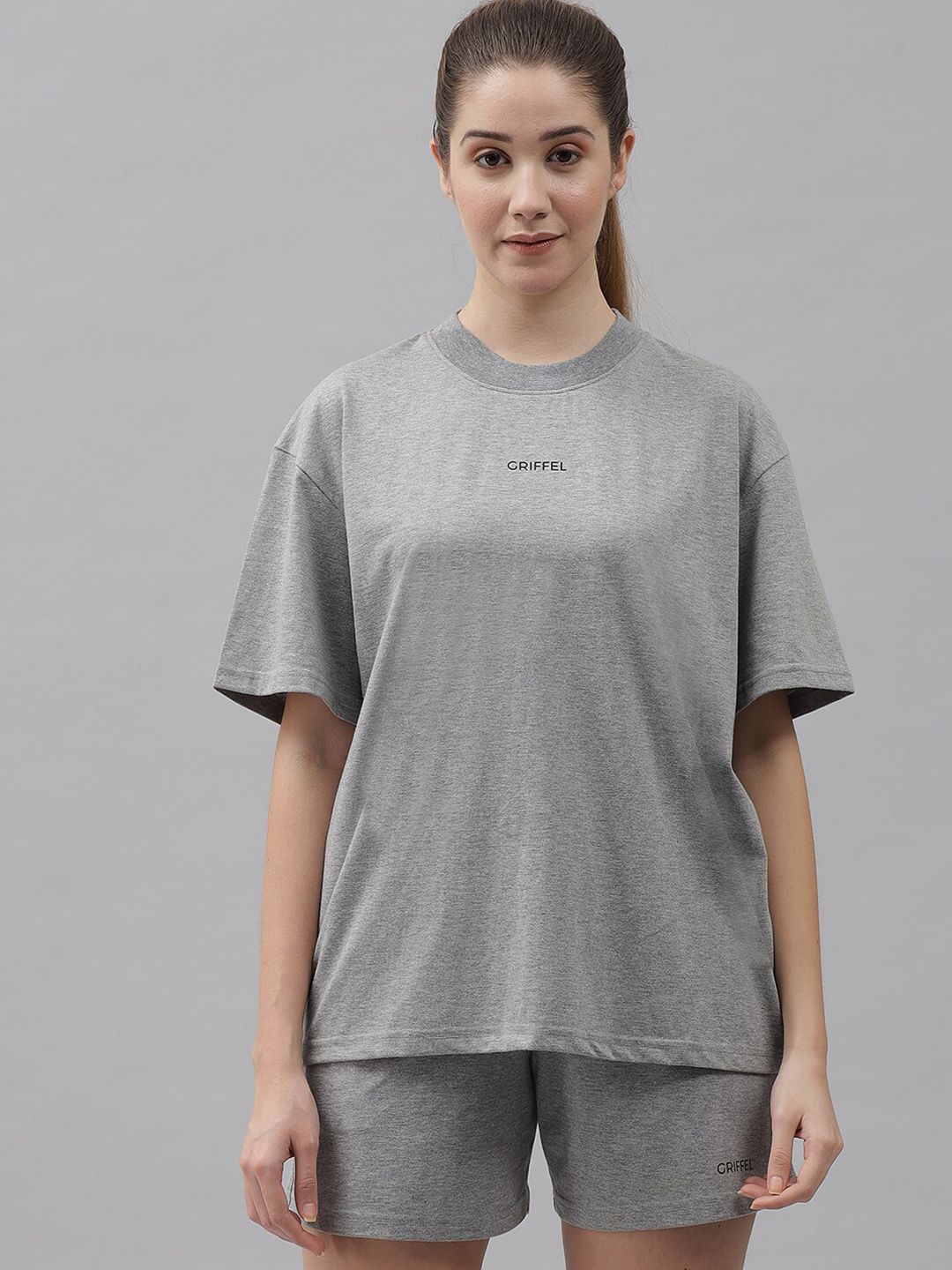 GRIFFEL Women Grey Cotton T-shirt with Shorts