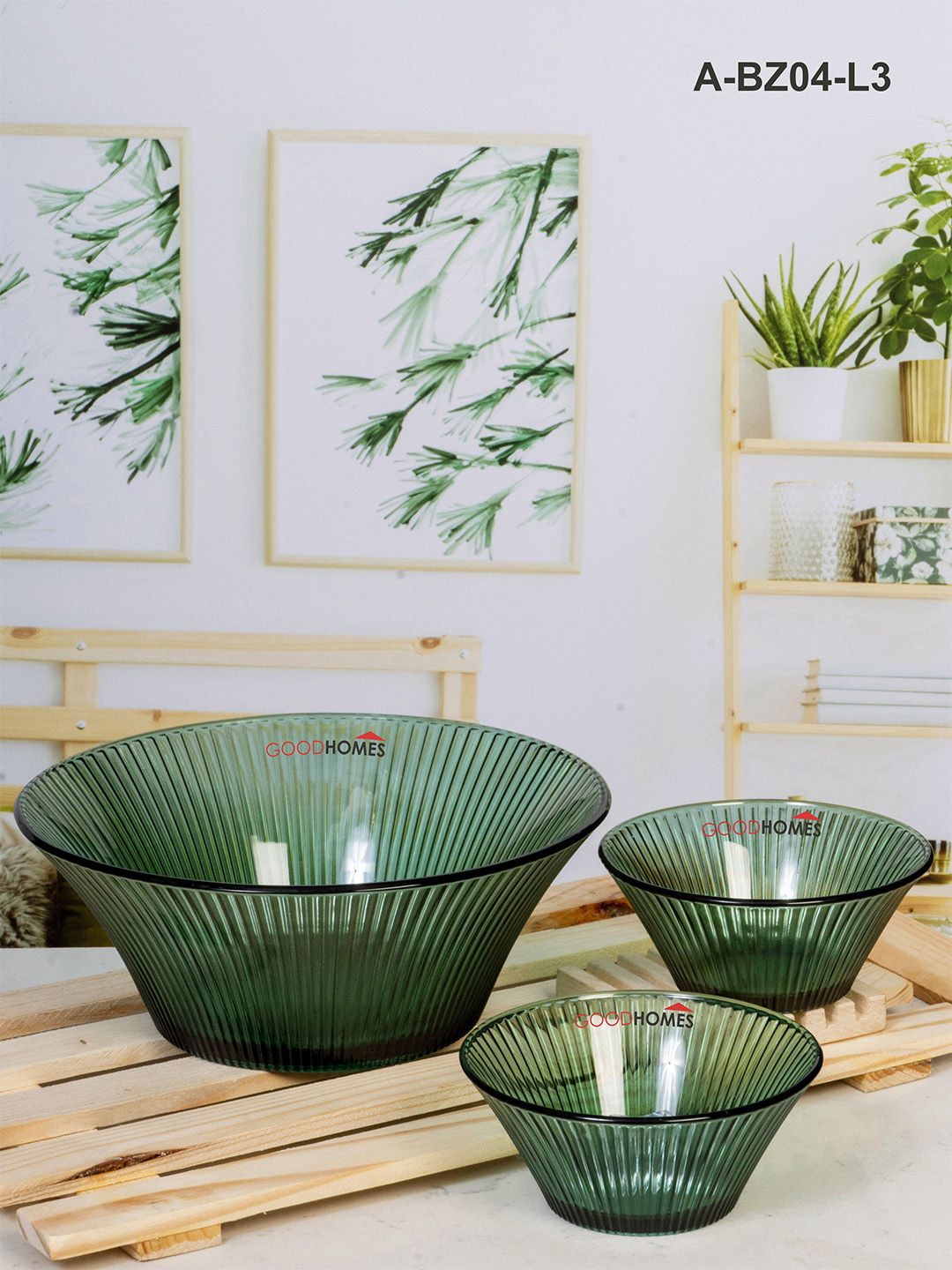 GOODHOMES Green 3 Pieces Printed Glass Glossy Bowls Price in India