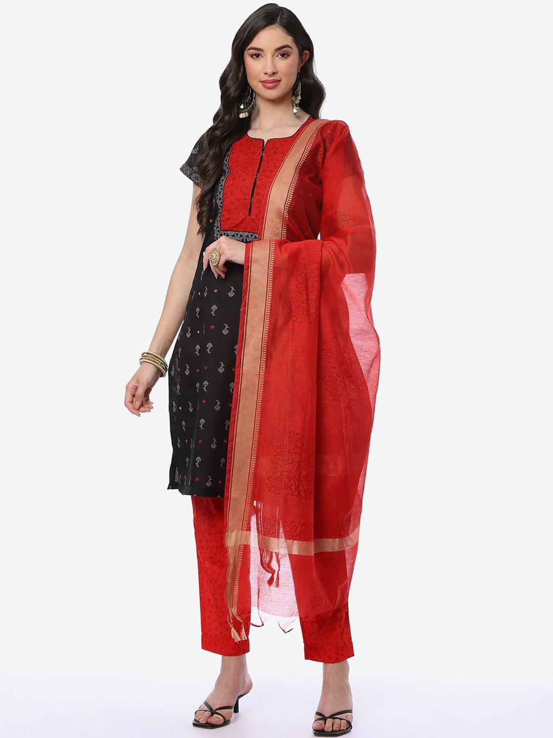 Biba Black & Red Printed Pure Cotton Unstitched Dress Material Price in India