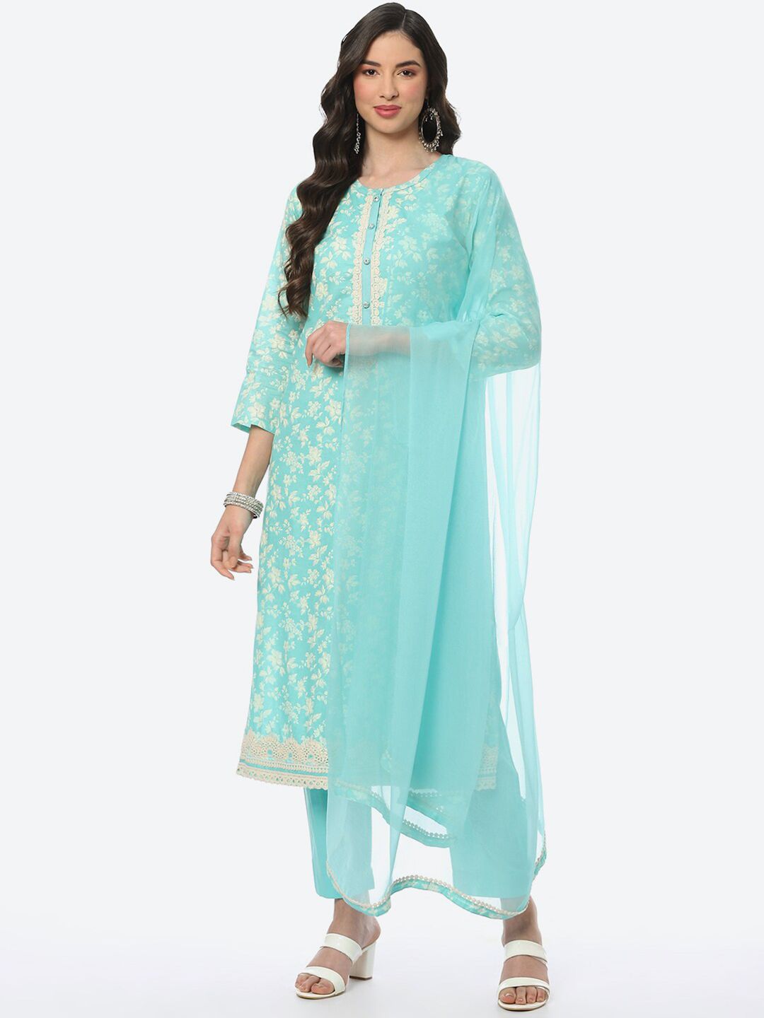 Biba Turquoise Blue & Off White Printed Pure Cotton Unstitched Dress Material Price in India