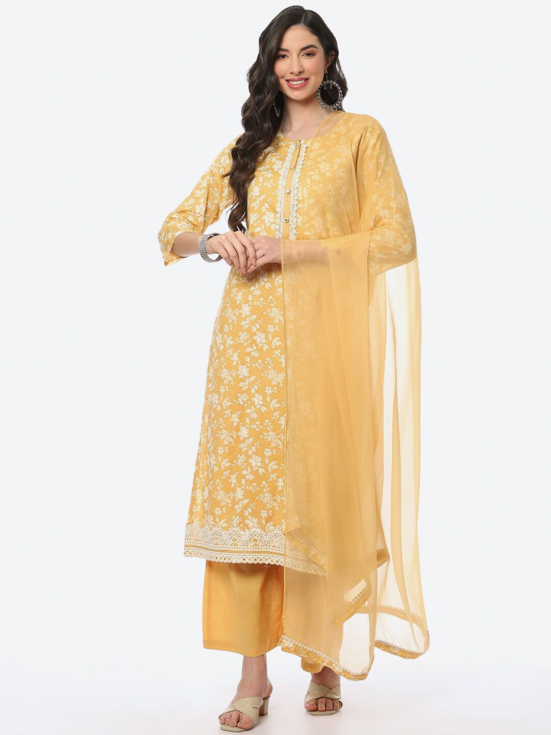 Biba Mustard Yellow & White Printed Pure Cotton Unstitched Dress Material Price in India