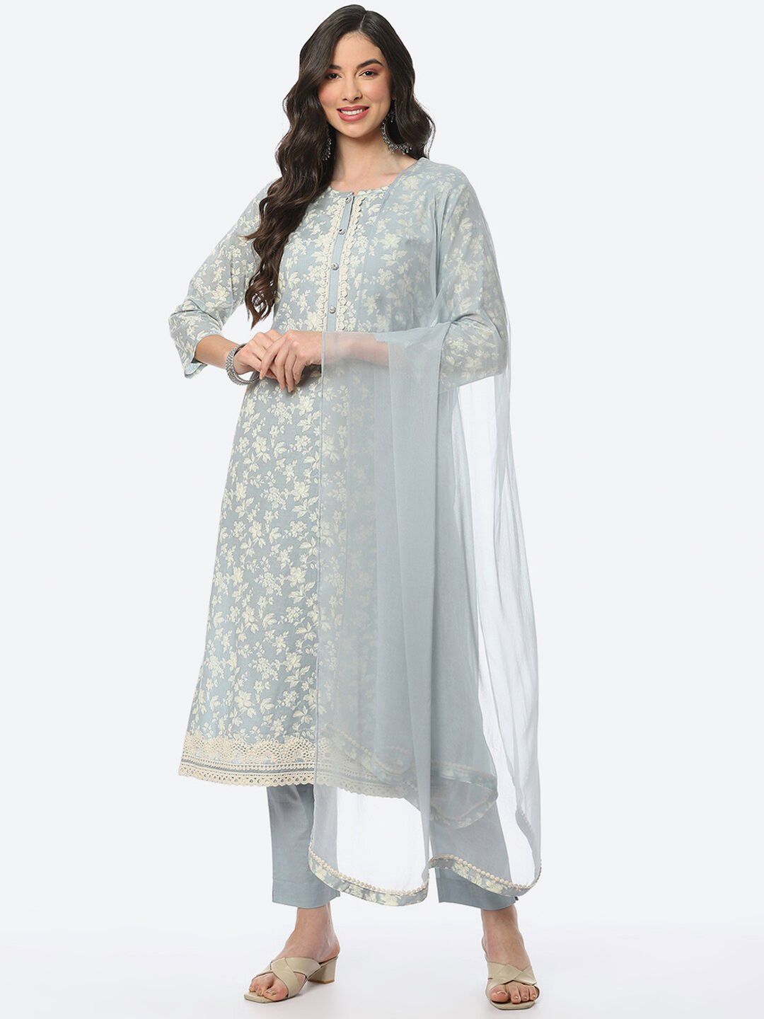 Biba Blue & Cream-Coloured Printed Cotton Unstitched Dress Material Price in India