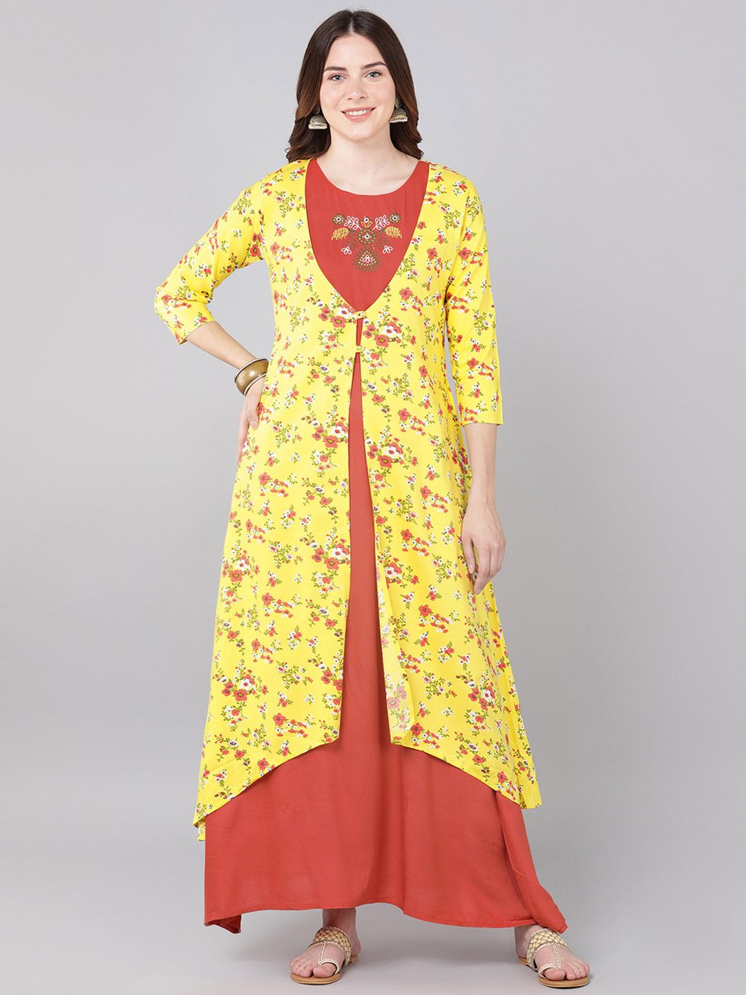 Bani Women Yellow Embroidered Layered A-Line Maxi Dress Price in India