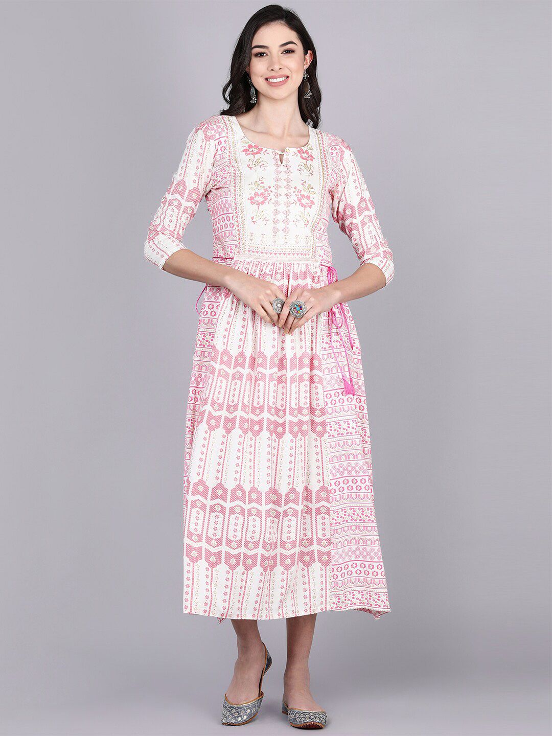 Bani Women Pink Ethnic Motifs Liva Ethnic Fit and Flare Midi Dress Price in India