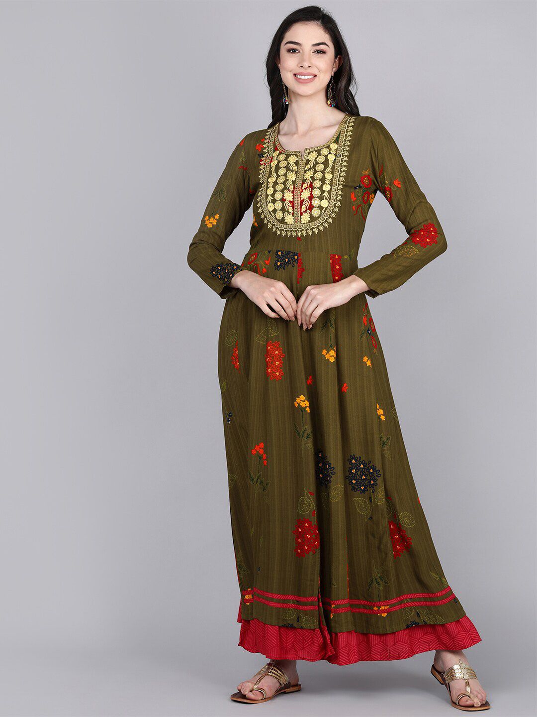 Bani Women Brown Ethnic Motifs Liva Ethnic Maxi Dress Price in India