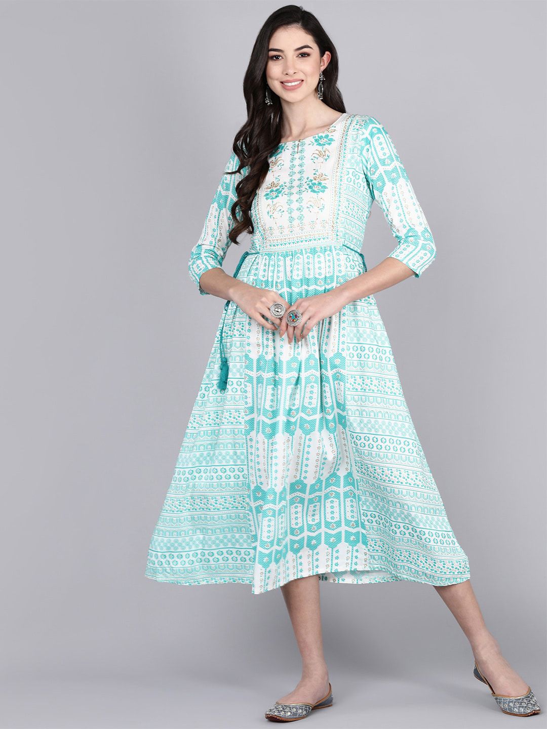 Bani Women Blue Ethnic Motifs Ethnic A-Line Midi Dress Price in India