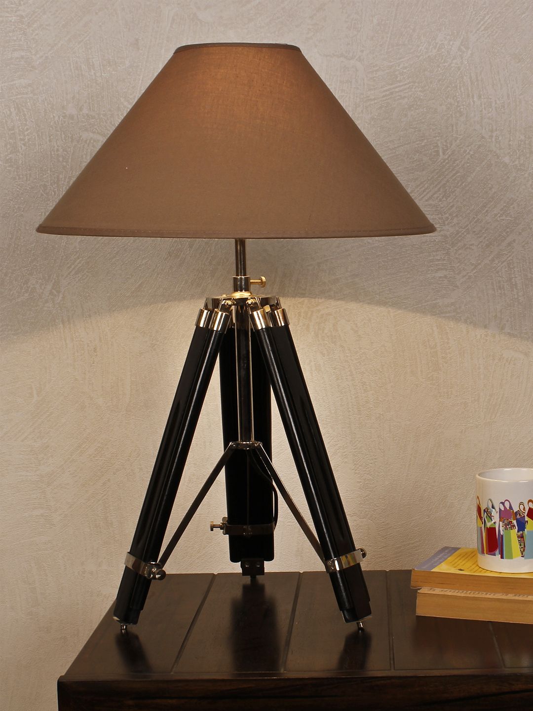 THE LIGHT STORE Brown & Black Solid Contemporary Tripod Table Lamp with Shade Price in India