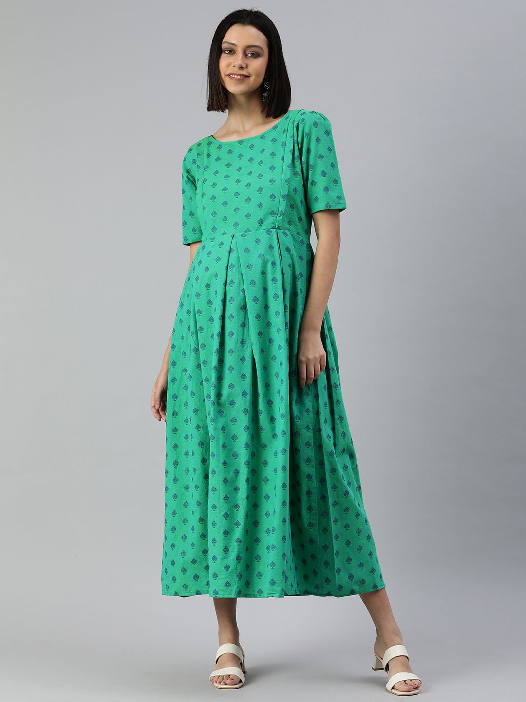 Swishchick Women Green & Navy Blue Pure Cotton Embroidered Maternity Maxi Dress Price in India