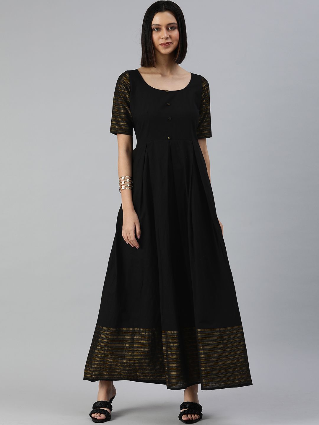 Swishchick Black & Gold Striped Yoke Design Cotton Maxi Fit & Flare Dress Price in India