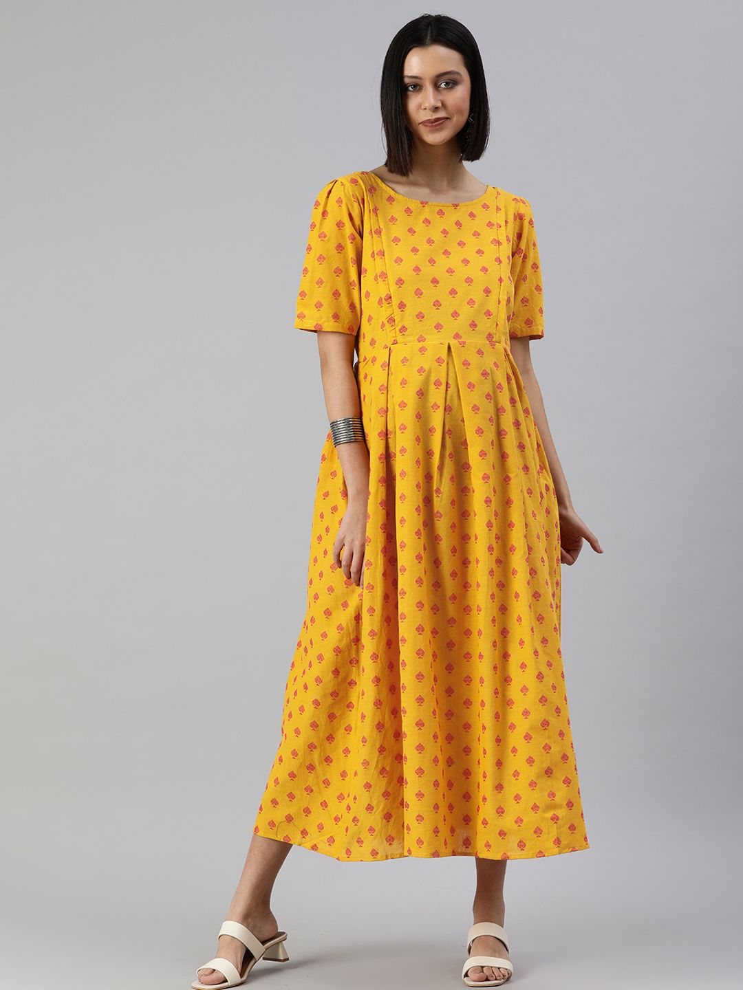 Swishchick Mustard Yellow & Red Pure Cotton Embroidered Maternity A-Line Midi Dress Price in India