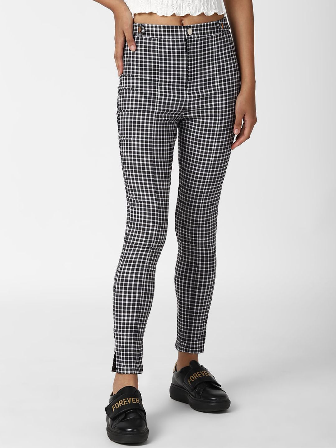 FOREVER 21 Women Black Checked Trousers Price in India