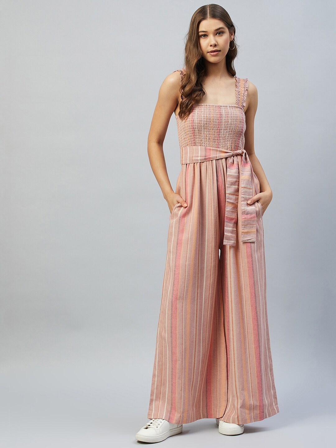 DELAN Women Rose & Pink Linen Striped Jumpsuit Price in India