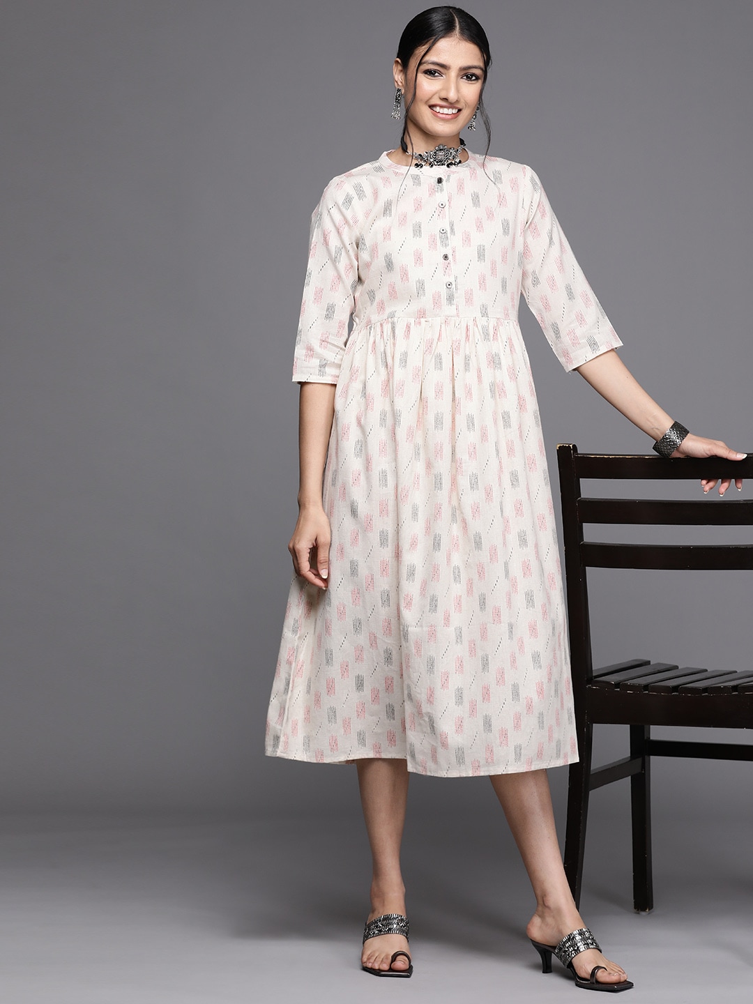 Libas Off White & Black Printed Cotton Midi Fit and Flare Dress Price in India