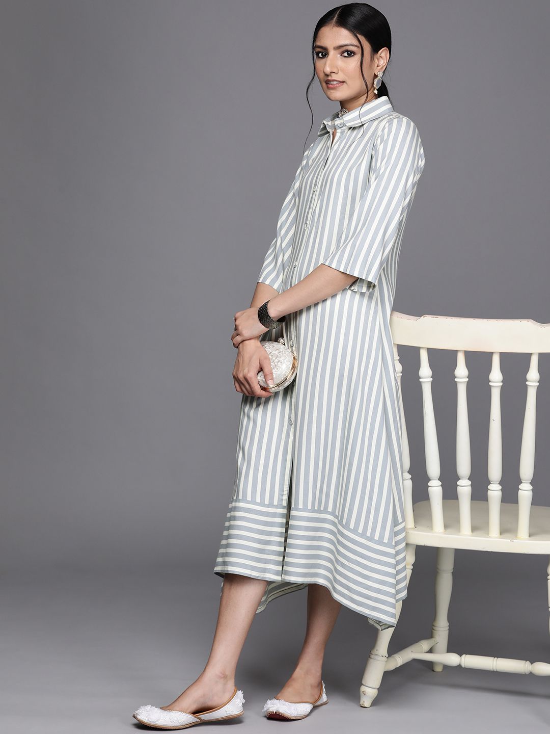Libas Grey & White Striped Midi Shirt Dress Price in India