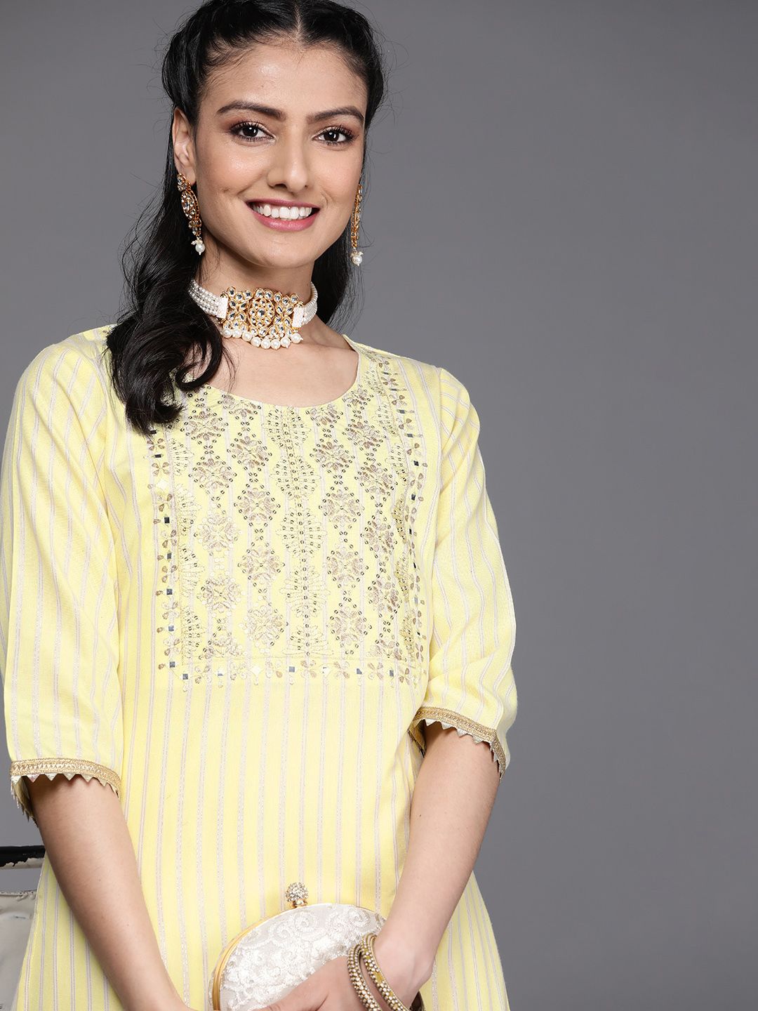 Libas Women Yellow Striped Yoke Design Kurta Price in India
