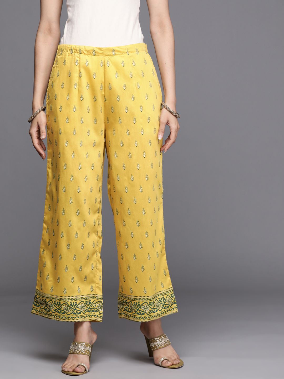 Libas Women Yellow & Navy Blue Ethnic Motifs Printed Wide Leg Palazzos Price in India