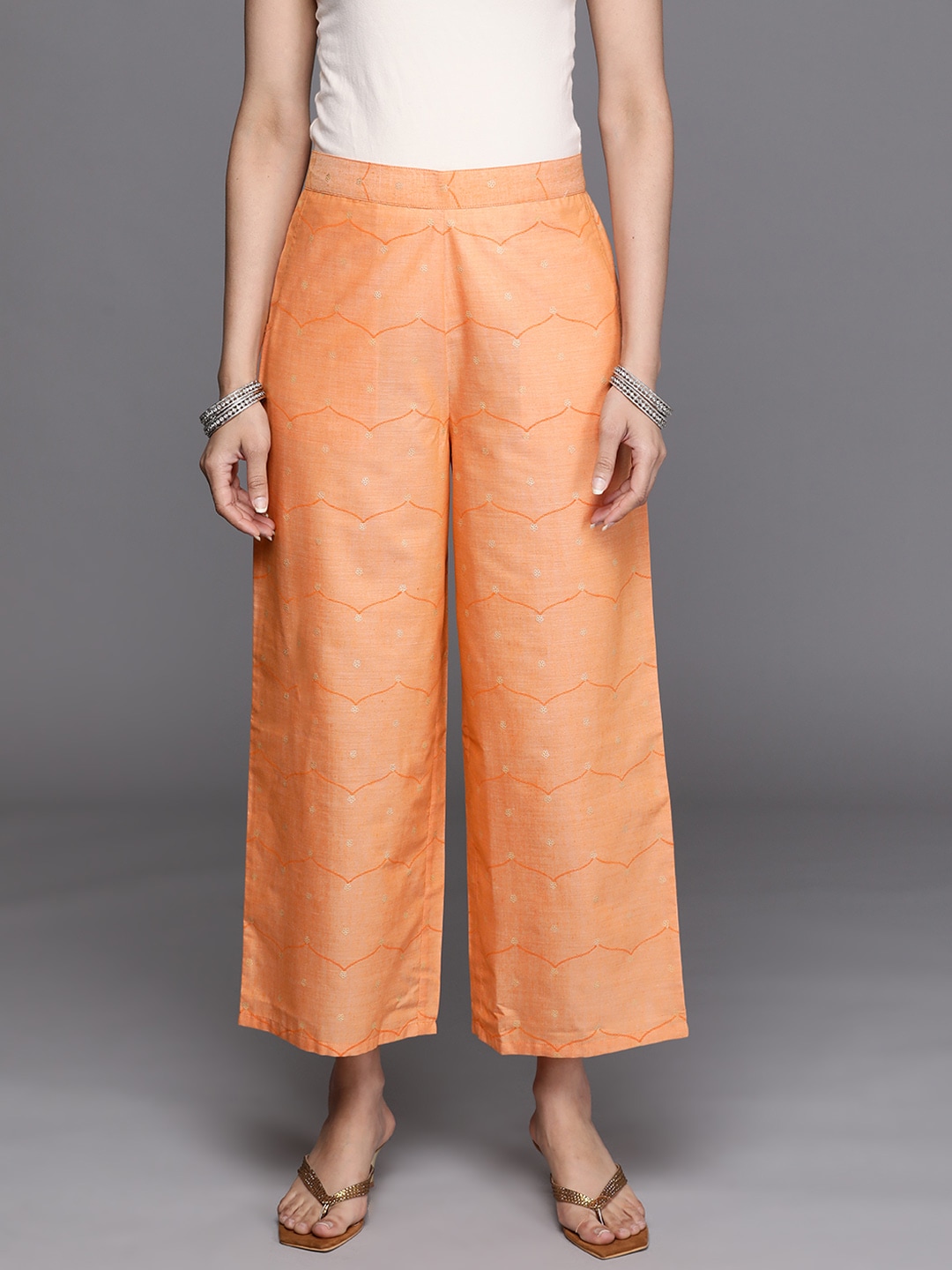 Libas Women Orange Ethnic Motifs Printed Wide Leg Palazzos Price in India