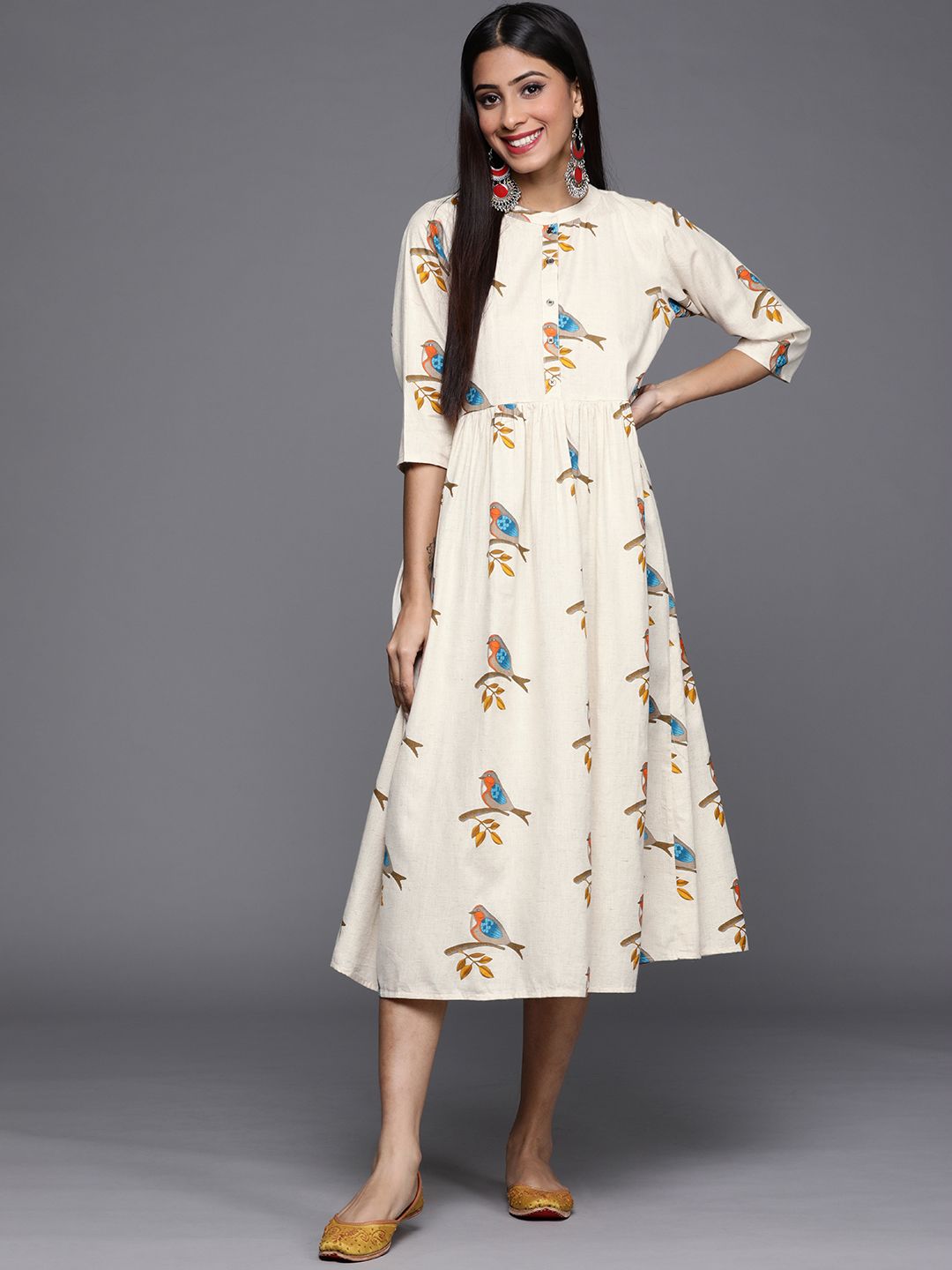Libas Off White & Blue Bird Print Cotton Midi Fit and Flare Dress Price in India
