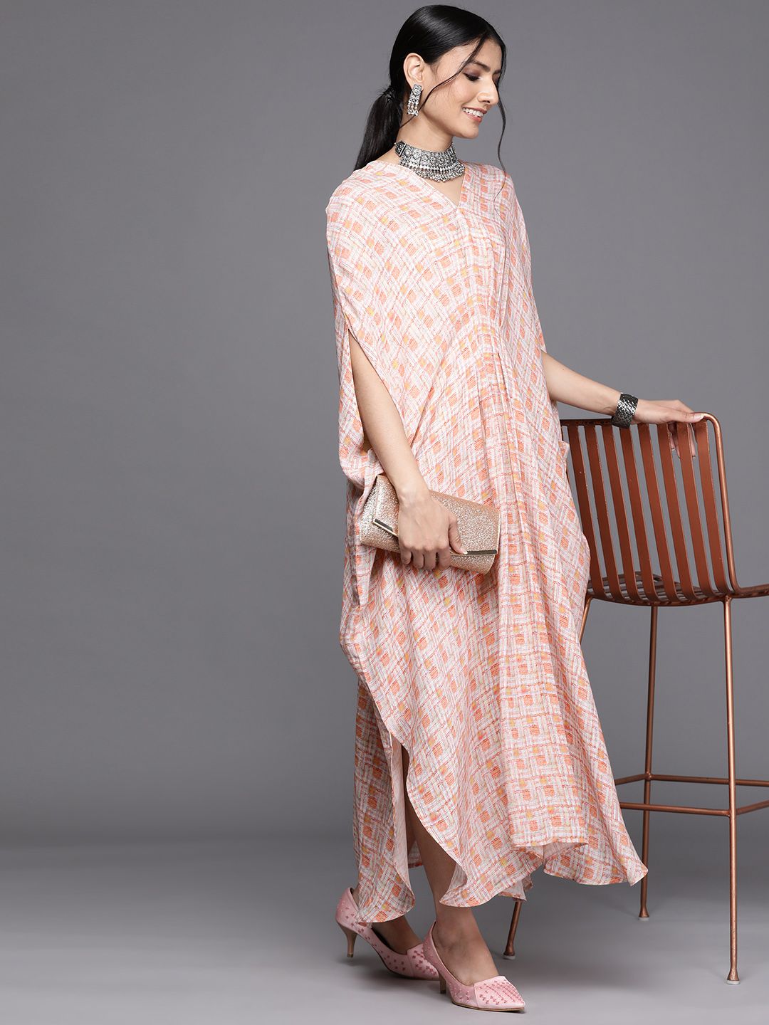 Libas Women Orange & White Printed Georgette Kaftan Maxi Dress Price in India