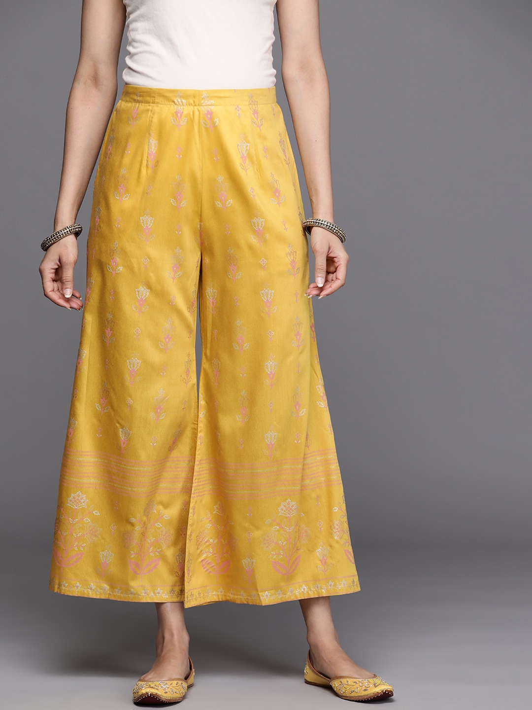 Libas Women Yellow Ethnic Motifs Printed Wide Leg Palazzos Price in India