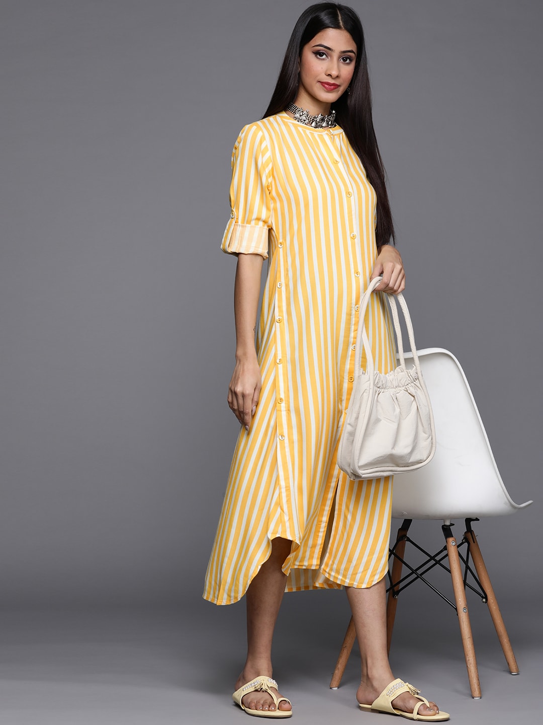 Libas Yellow & White Striped Midi A-Line Dress Price in India