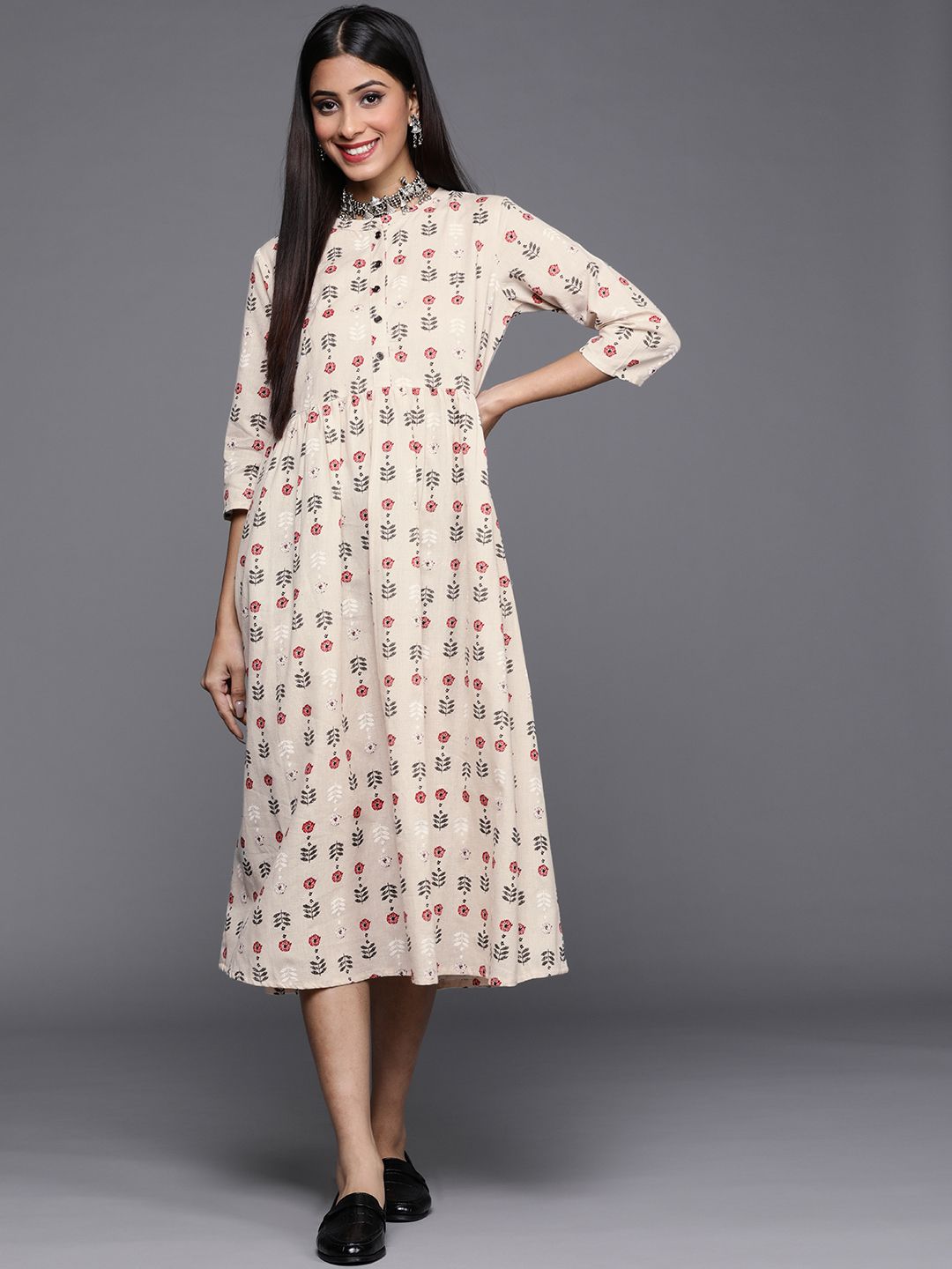 Libas Off White & Black Floral Print Cotton Midi Fit and Flare Dress Price in India