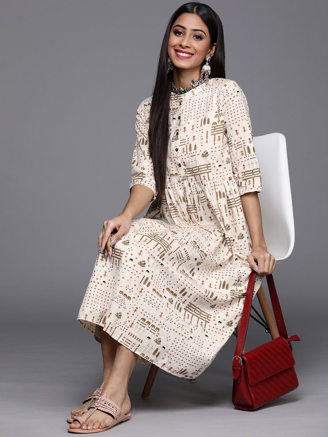Libas Off White & Mustard Yellow Tribal Print Cotton Midi A-Line Dress Price in India