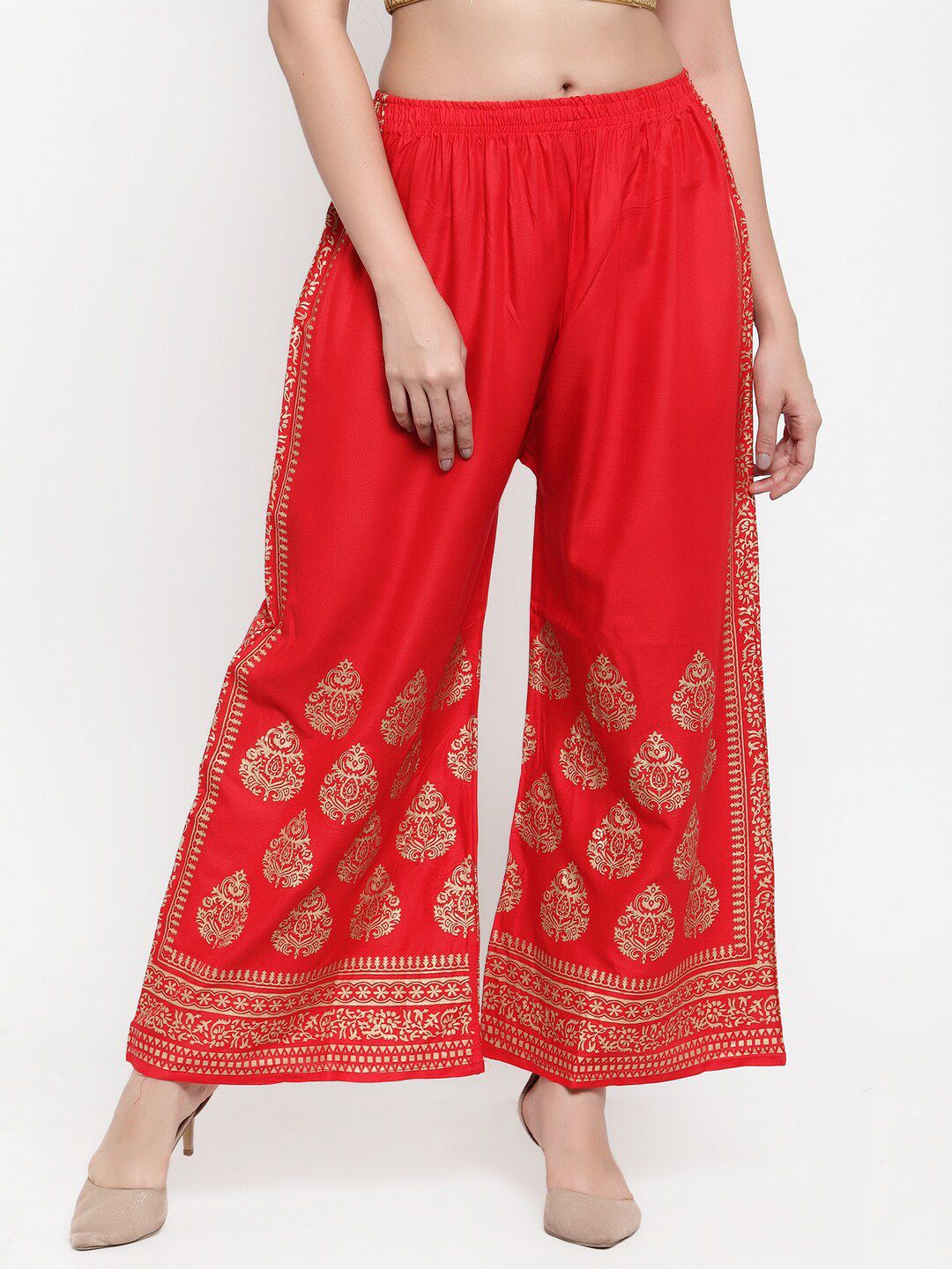 Miaz Lifestyle Women Red & Gold-Toned Ethnic Motifs Printed Ethnic Palazzos Price in India